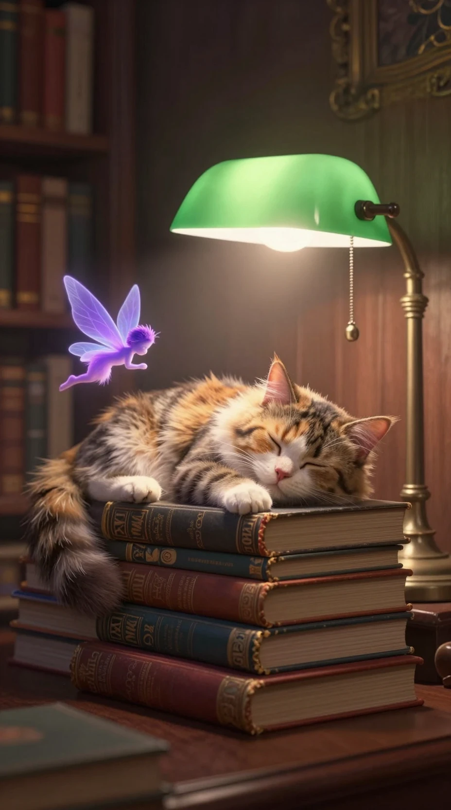 Sleeping tabby cat on old books under a green library lamp