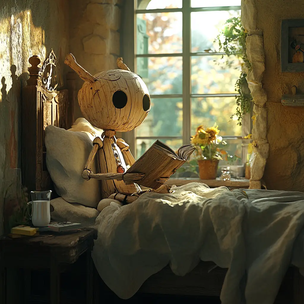 Wooden doll reading in bed with bread and milk