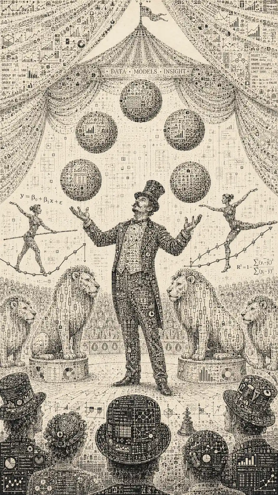 Ringmaster juggling swirling abstract data visualizations