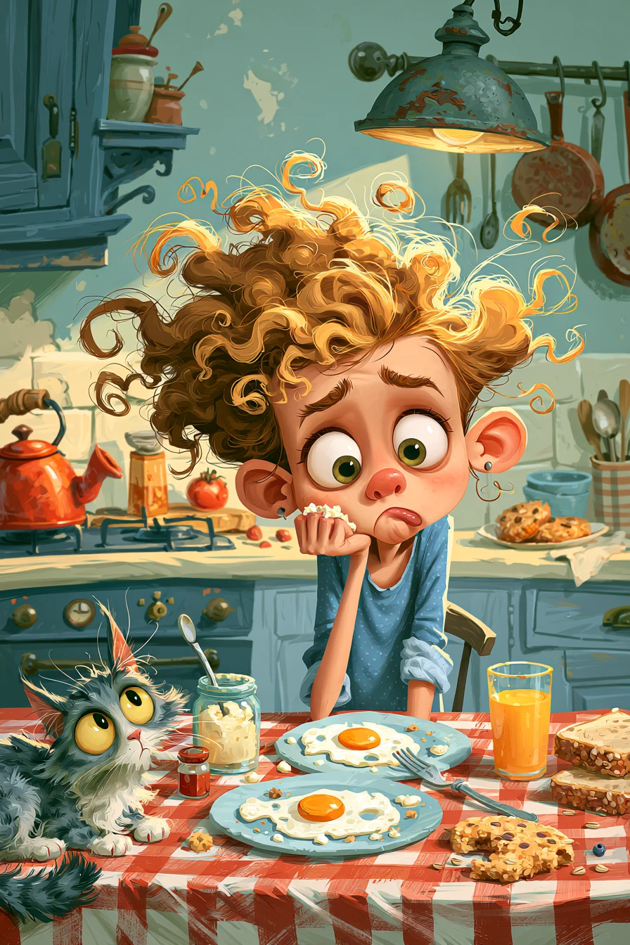 Niña y gato caricaturescos y juguetones en el desayuno en la cocina