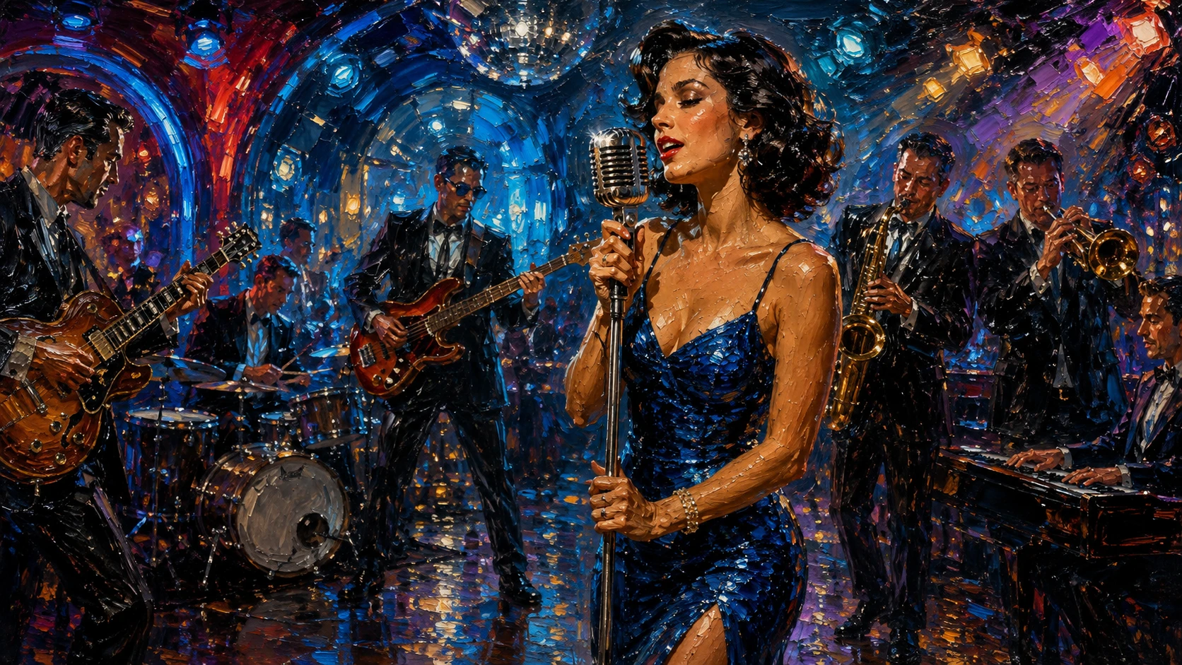 Singer performing with band in colorful futuristic dance hall