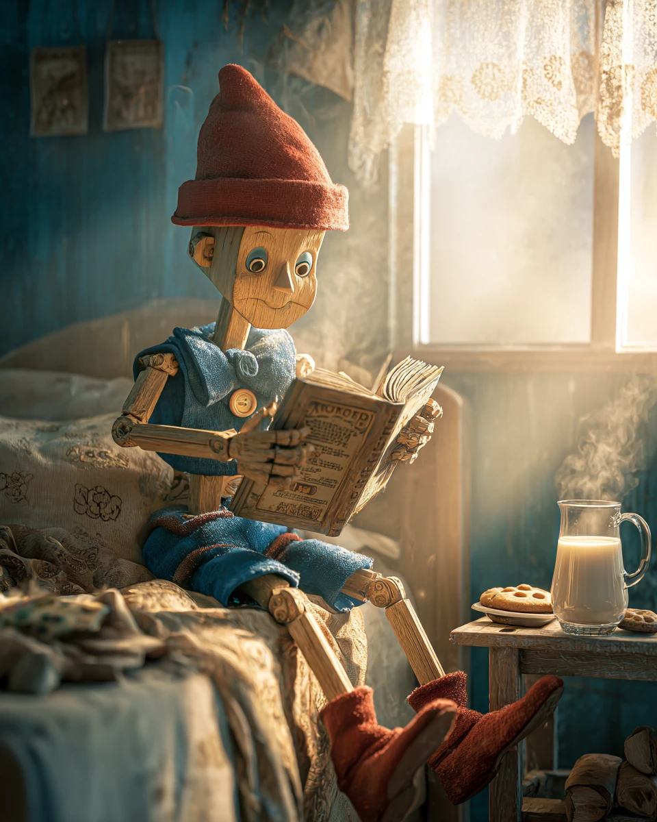 Wooden stick boy reading in bed by a sunny window