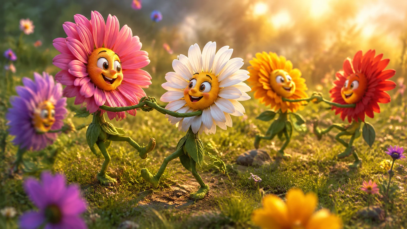 Dancing anthropomorphic wildflowers in a colorful open field