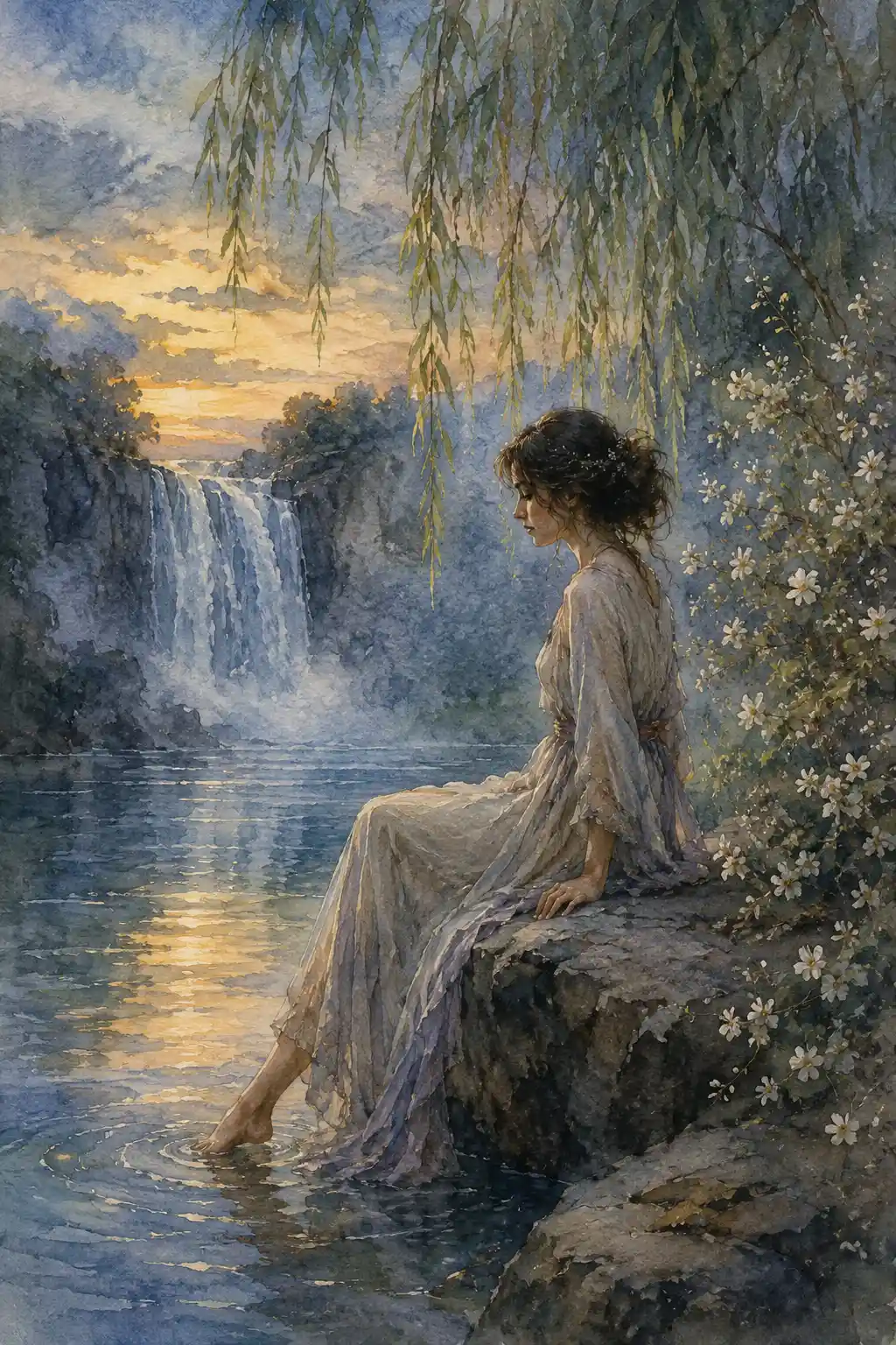 Stille Frau an einem See in der Dämmerung mit fernem Wasserfall