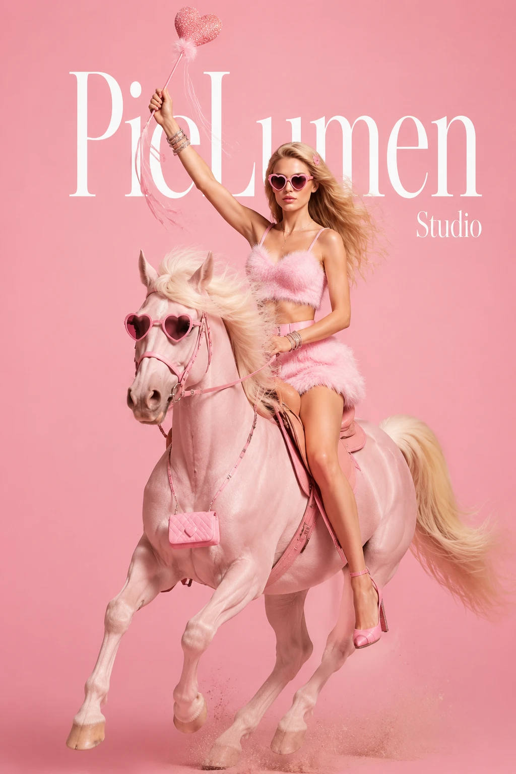 Mujer de moda surreal en rosa montando un caballo en tonos pastel