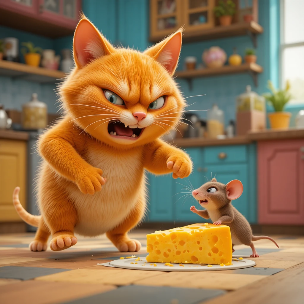 Chubby orange cat chasing a tiny mouse in kitchen