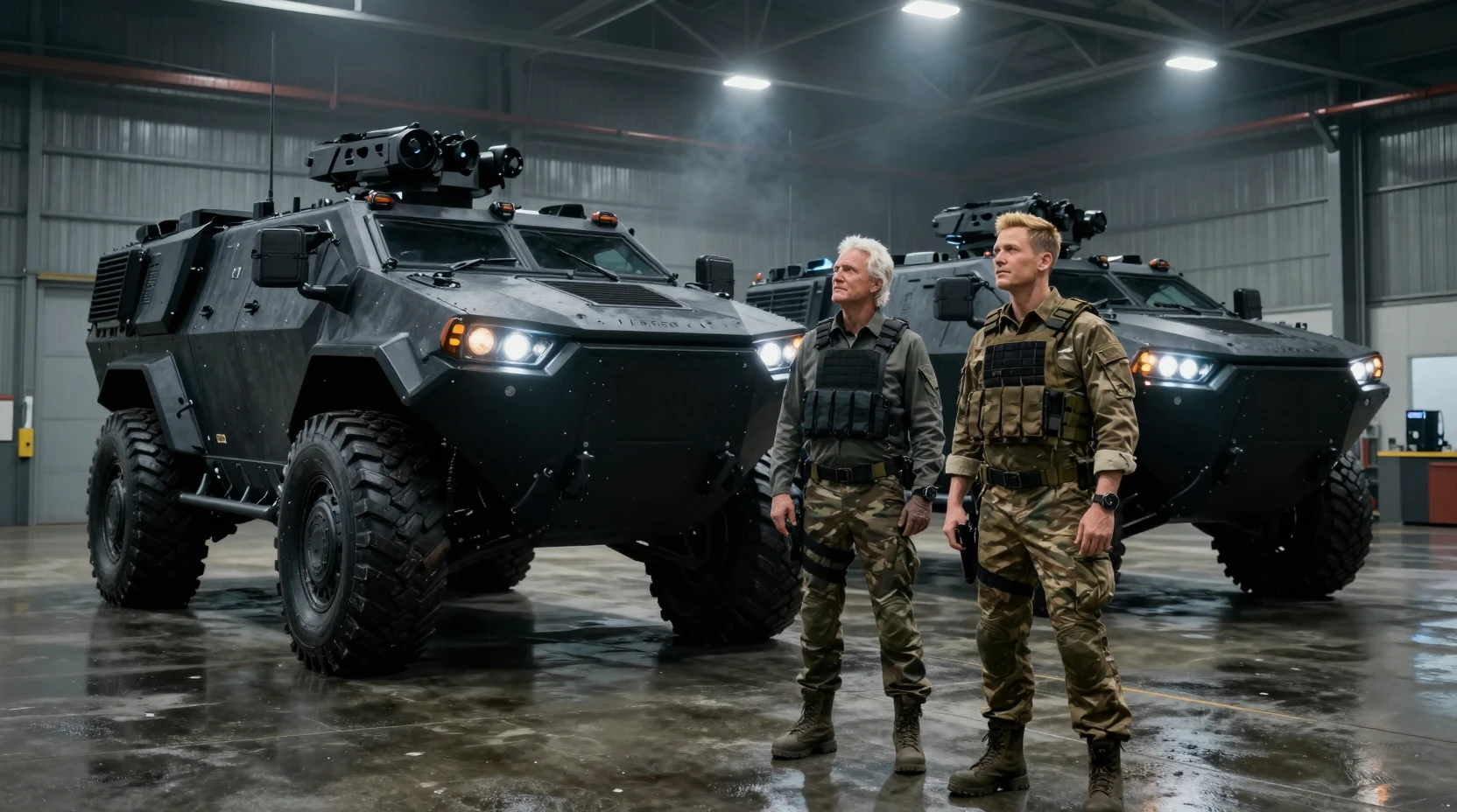 Cinematic view of armored vehicles in underground hangar