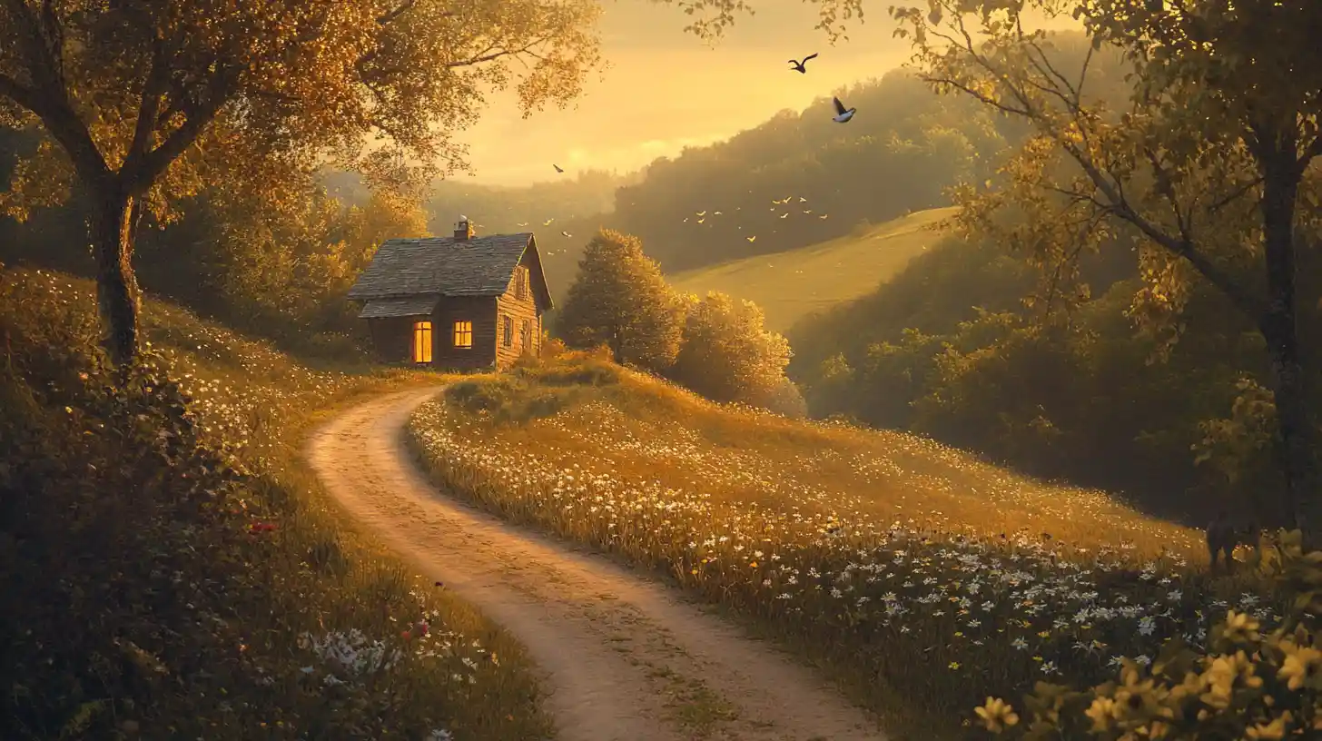 Winding Road Through Twilight Hills To A Warm Cottage