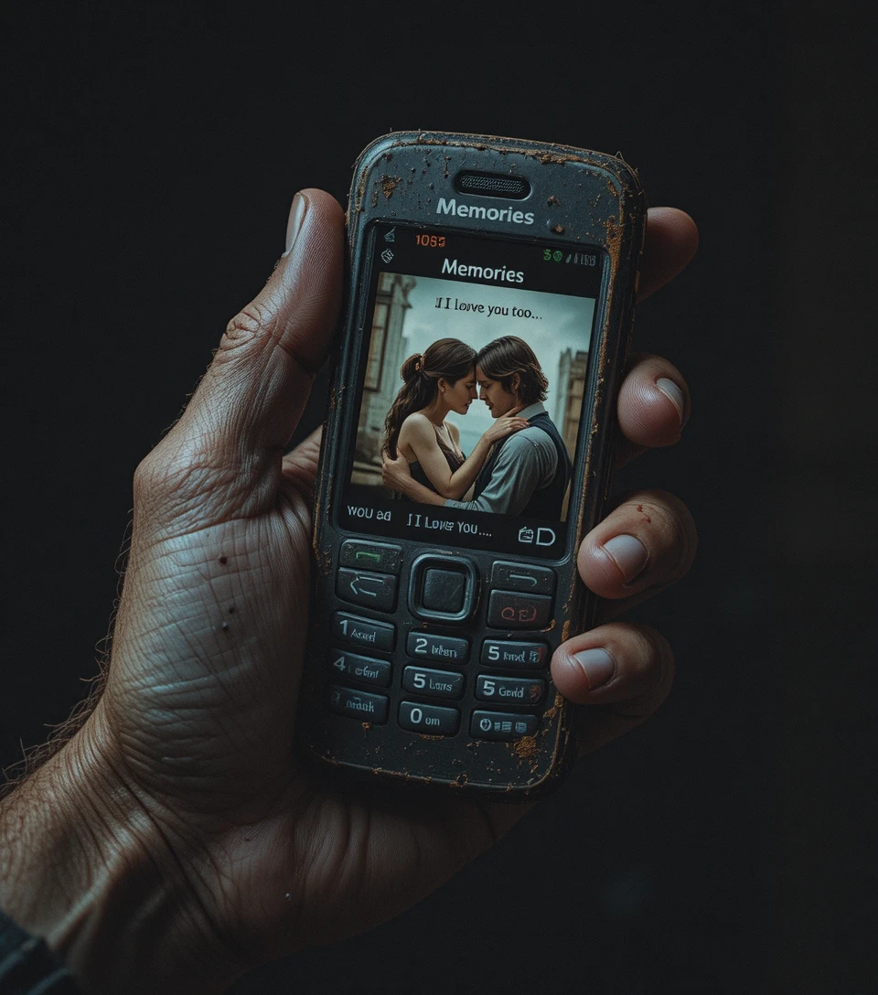 Aged hand holding an old mobile phone glowing with memories