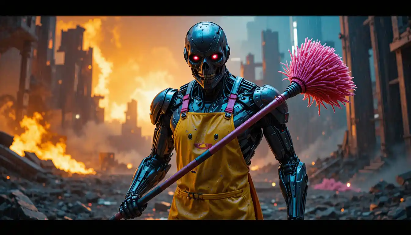 Cyborg in ruins wielding a pink mop in neon rain