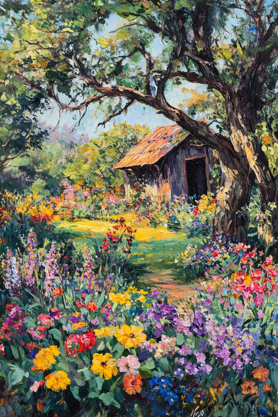 Serene oil painting of a lush garden under old trees