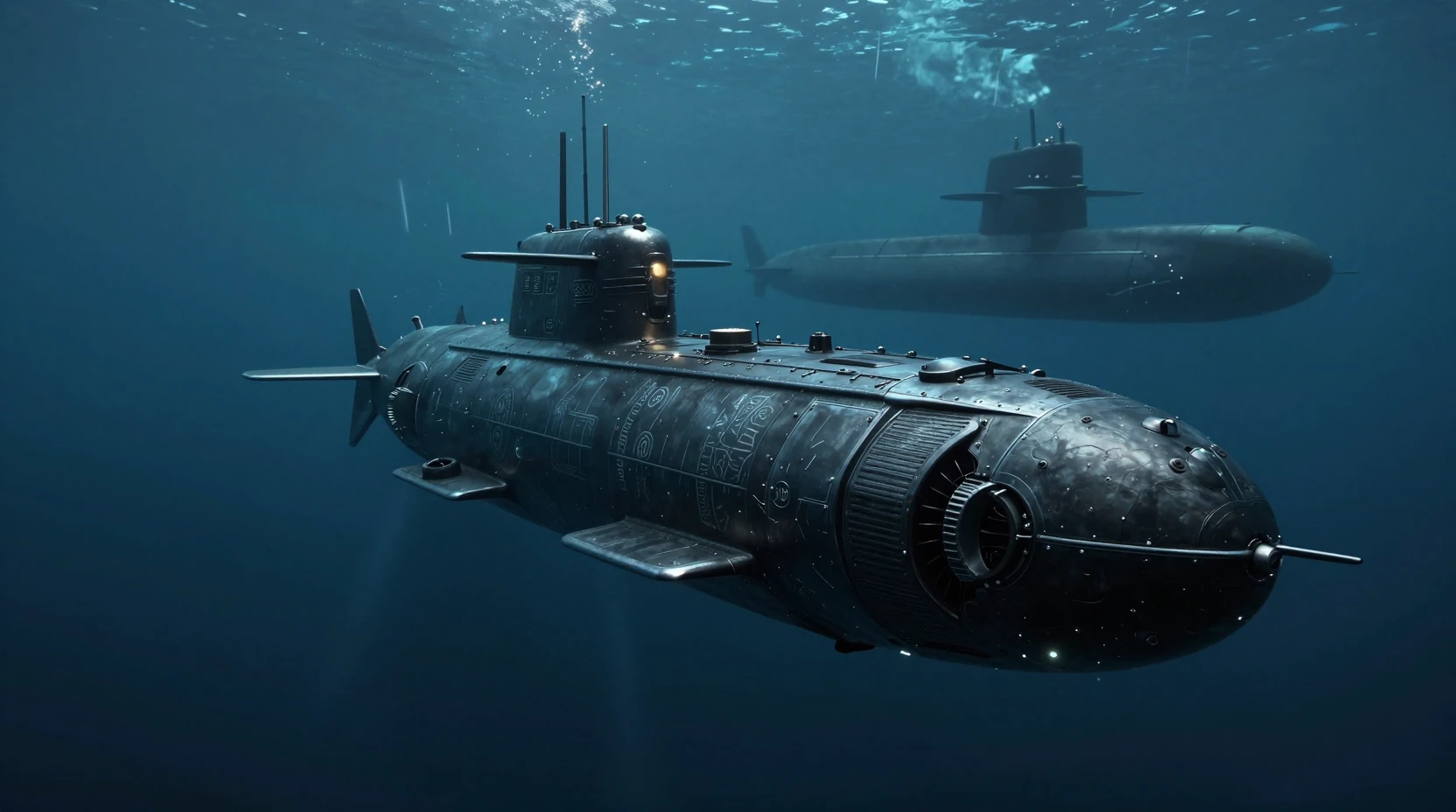 Armored sci fi submarine in the deep dark ocean