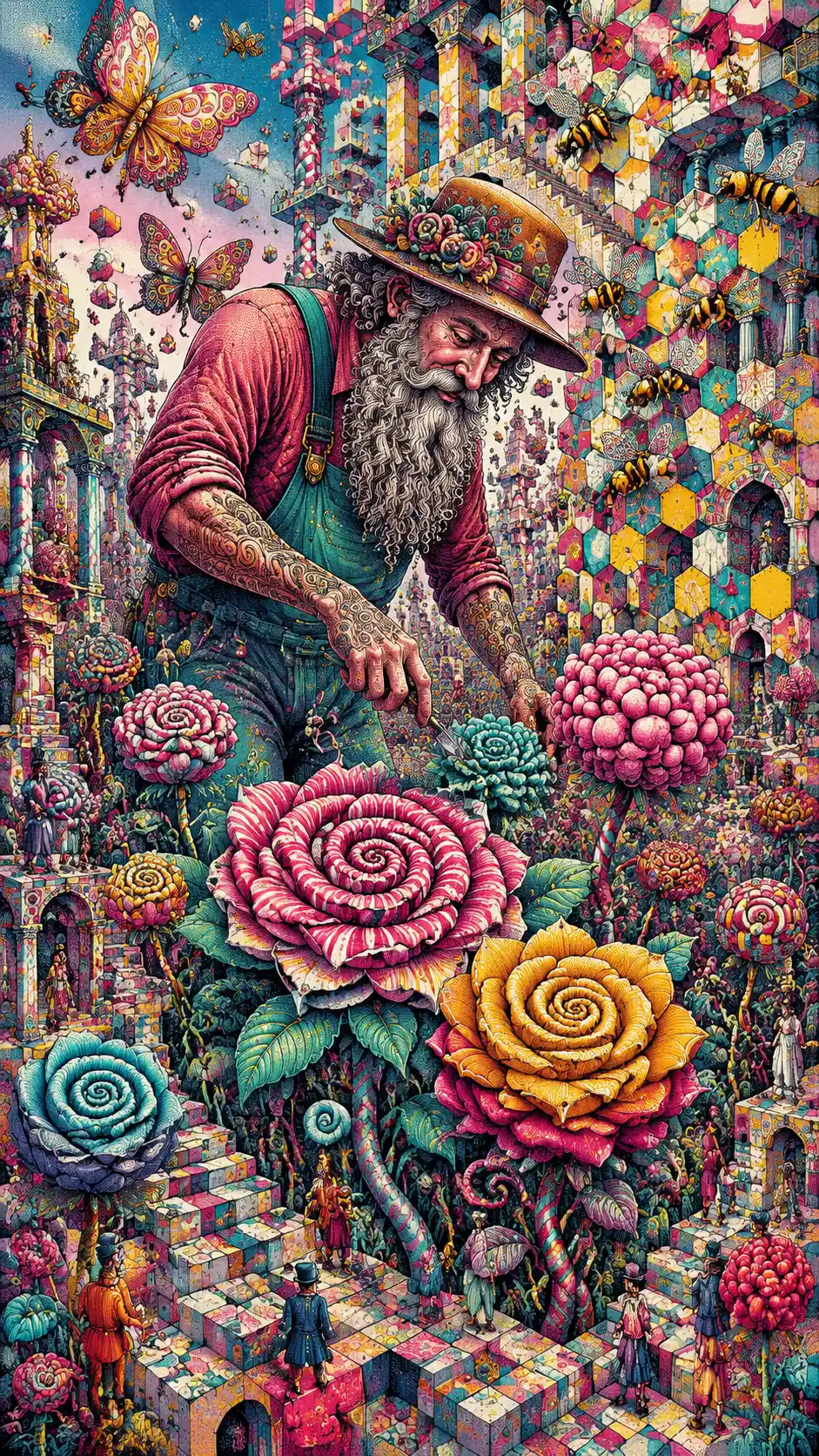 Towering gardener in a surreal candy flower garden