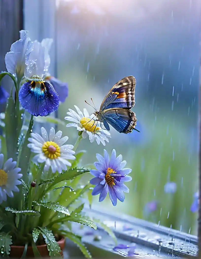 Macro close up of potted flowers on a rainy windowsill