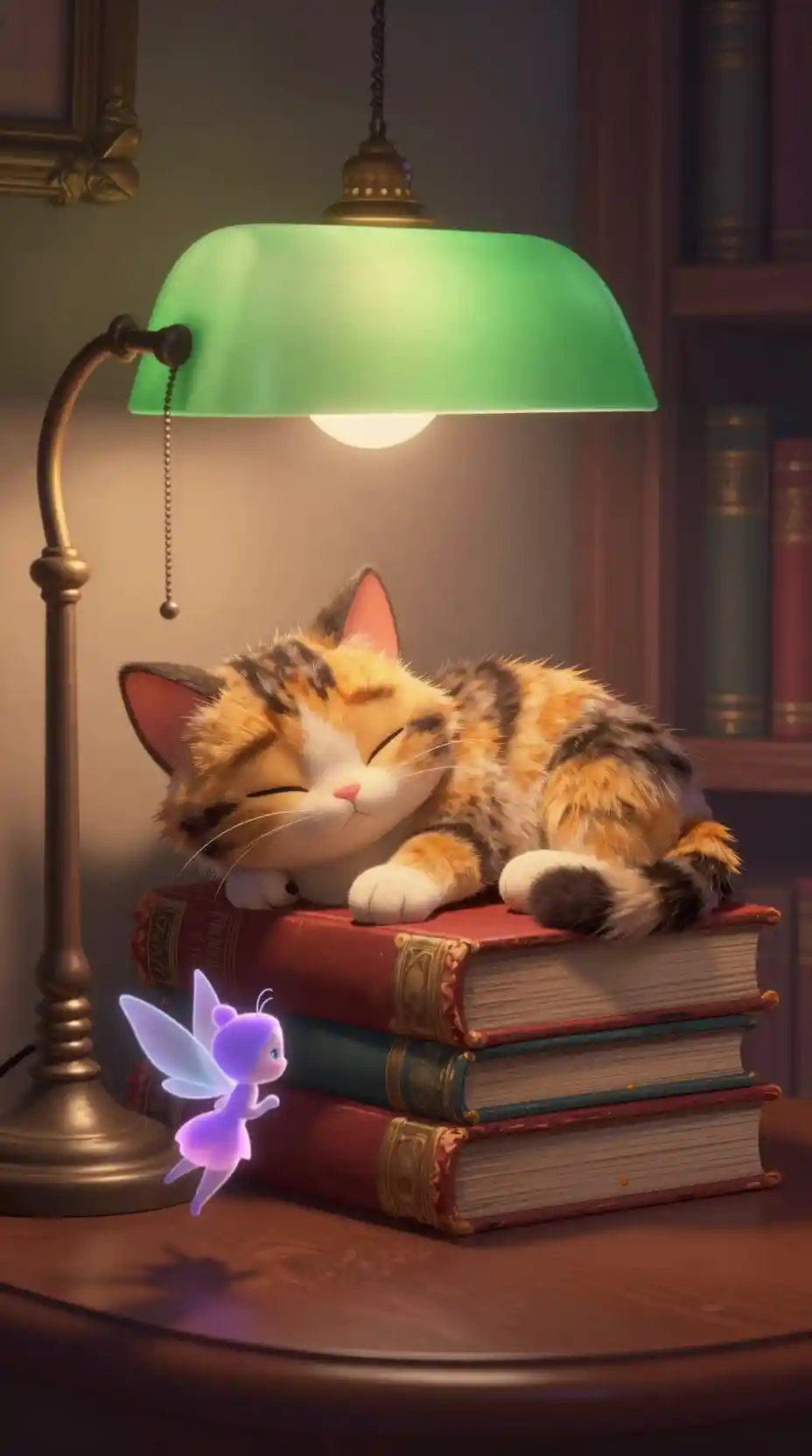 Sleeping cat on vintage books under a green library lamp