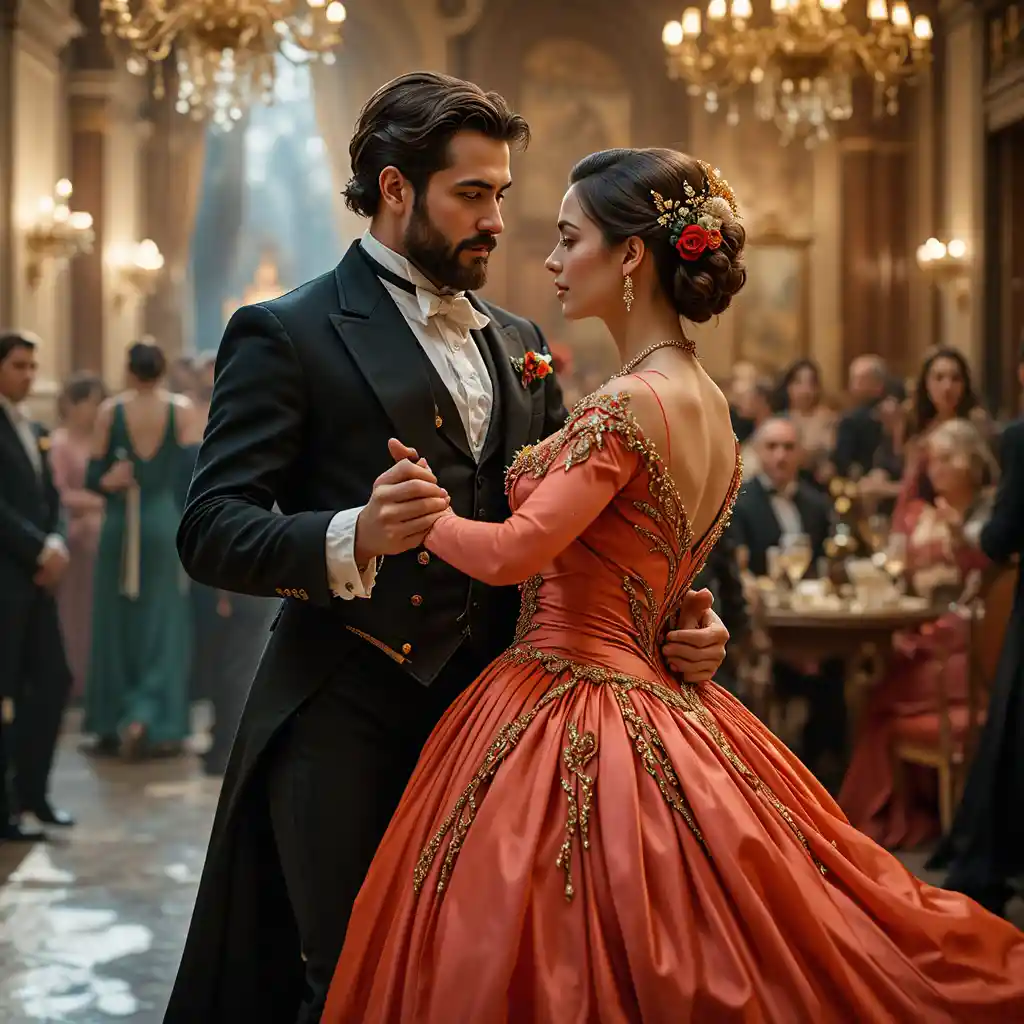 Elegant couple dancing in bright silk ball attire