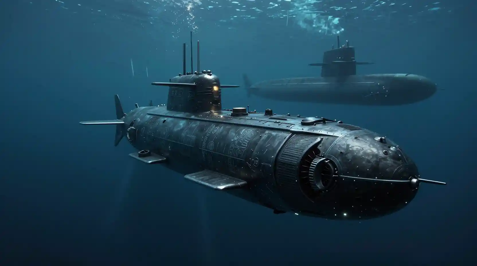 Sous-marin sci‑fi blindé dans les profondeurs obscures de l’océan