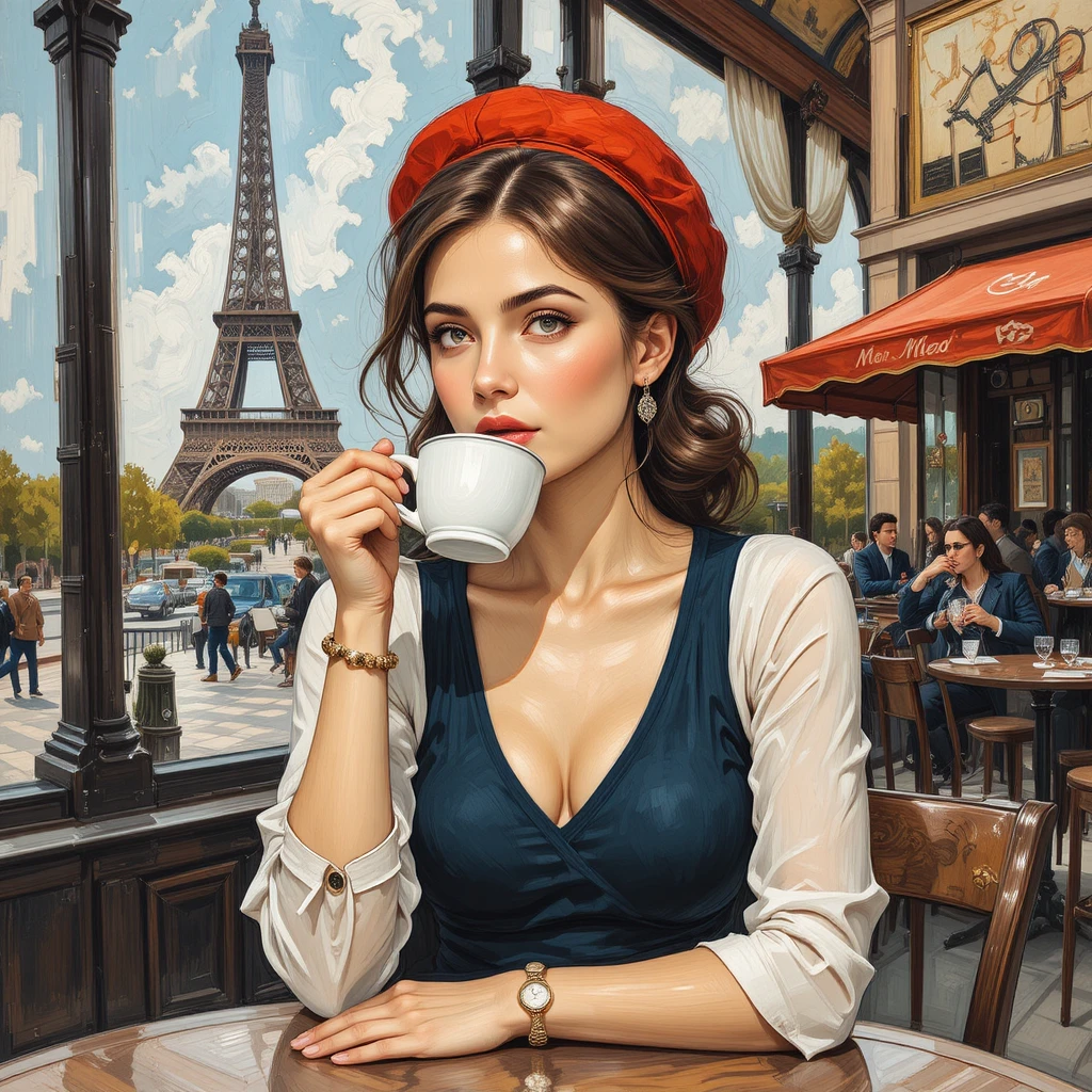 Woman in a beret enjoying coffee at a Parisian bistro