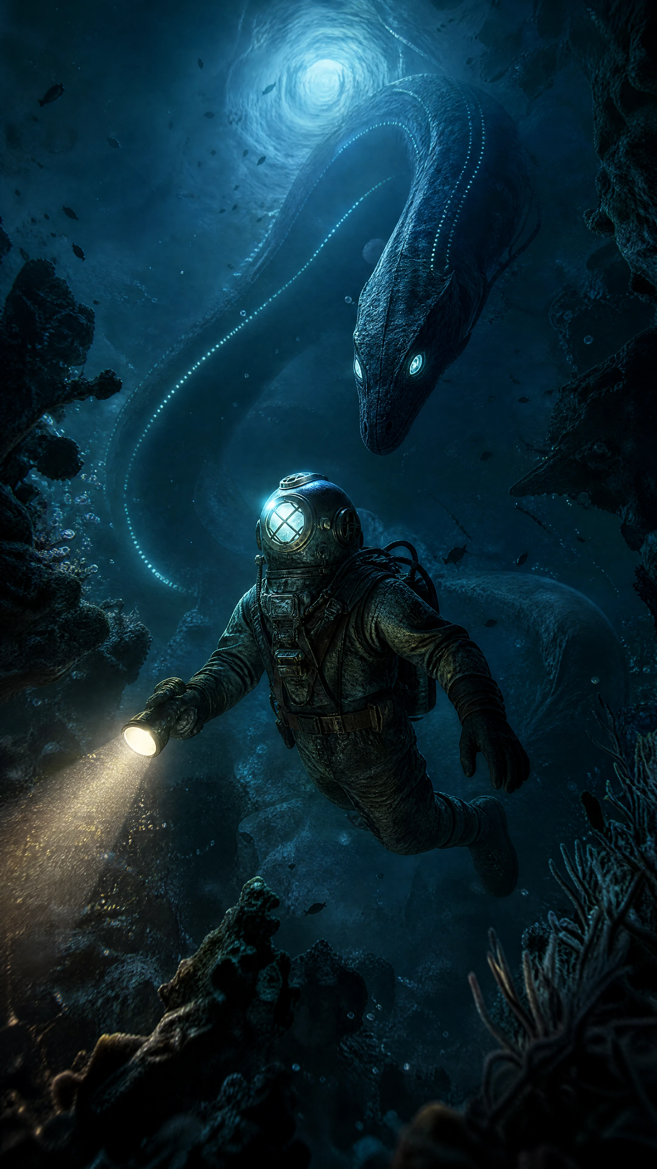 Ilustración digital de una serpiente marina gigante en el abismo