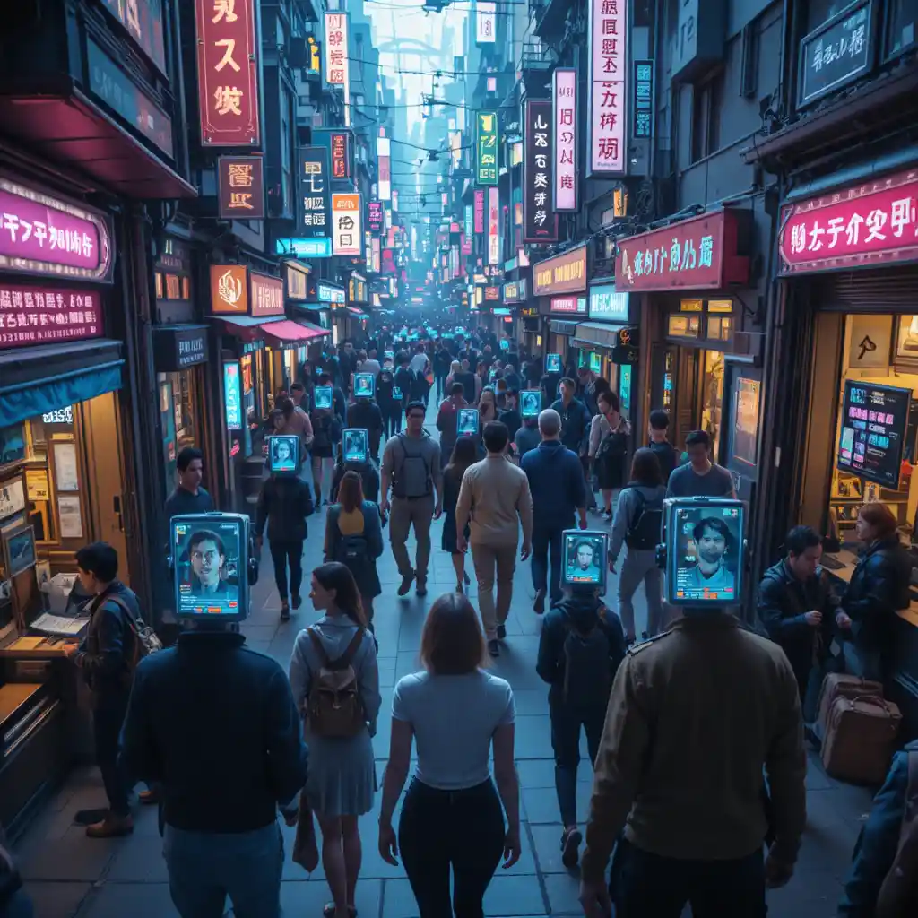 Futuristic city crowd wearing vr dating visors overhead