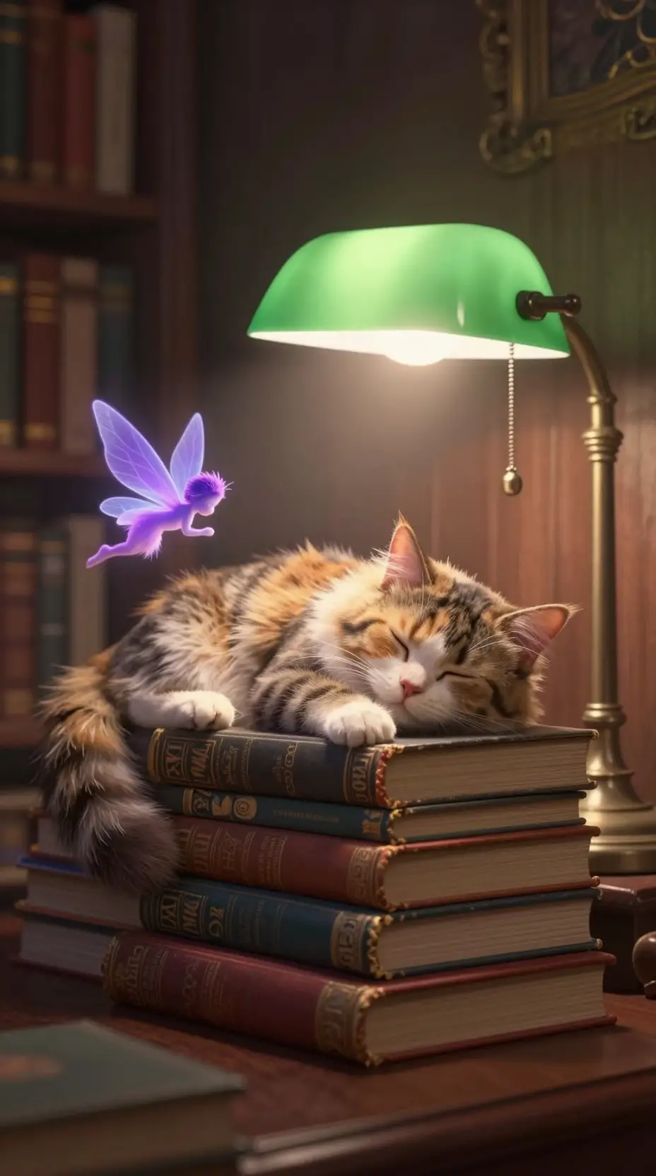 Sleeping tabby cat on old books under a green library lamp