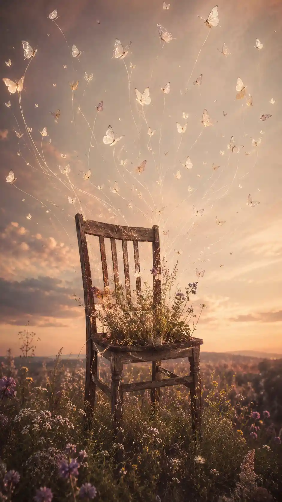Weathered wooden chair in a meadow of wildflowers