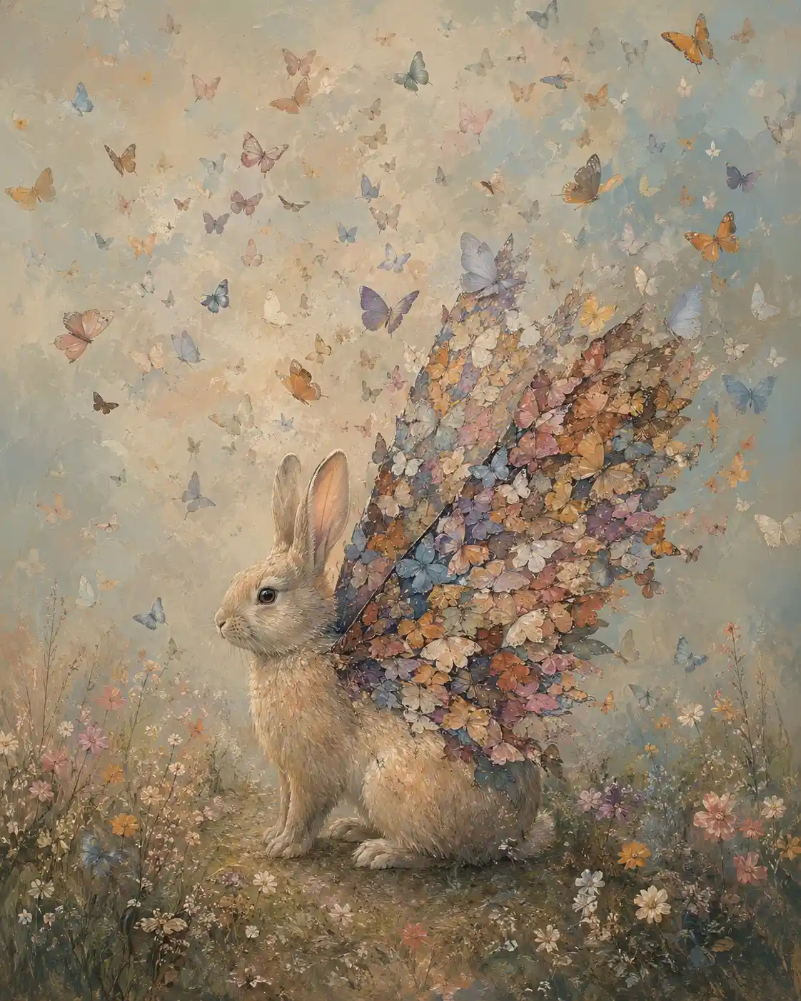 Rabbit Resting Under Gentle Butterflies Forming Soft Wings