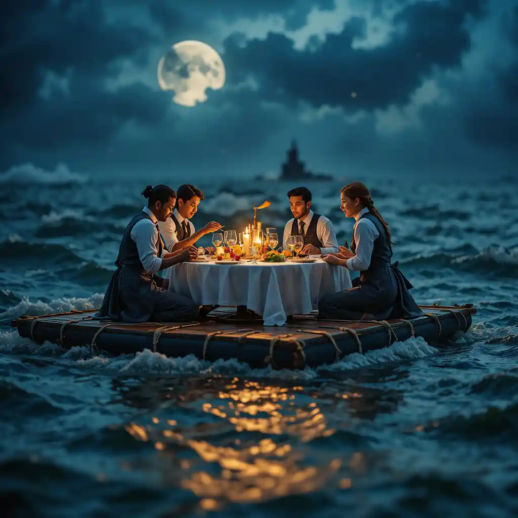 Friends as servers arrange dinner on a raft at sea