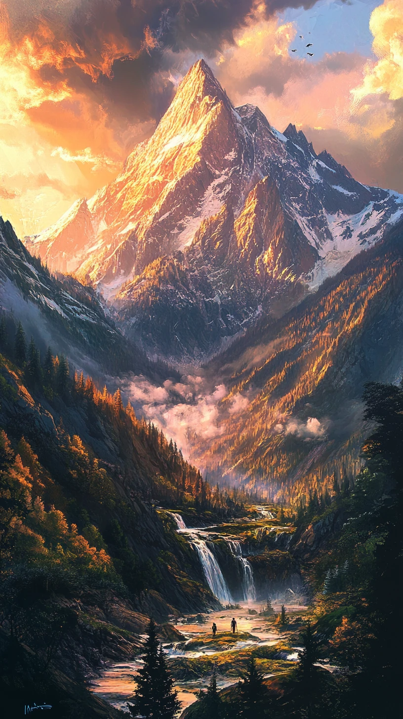 Mountain landscape at sunset forming a subtle human embrace