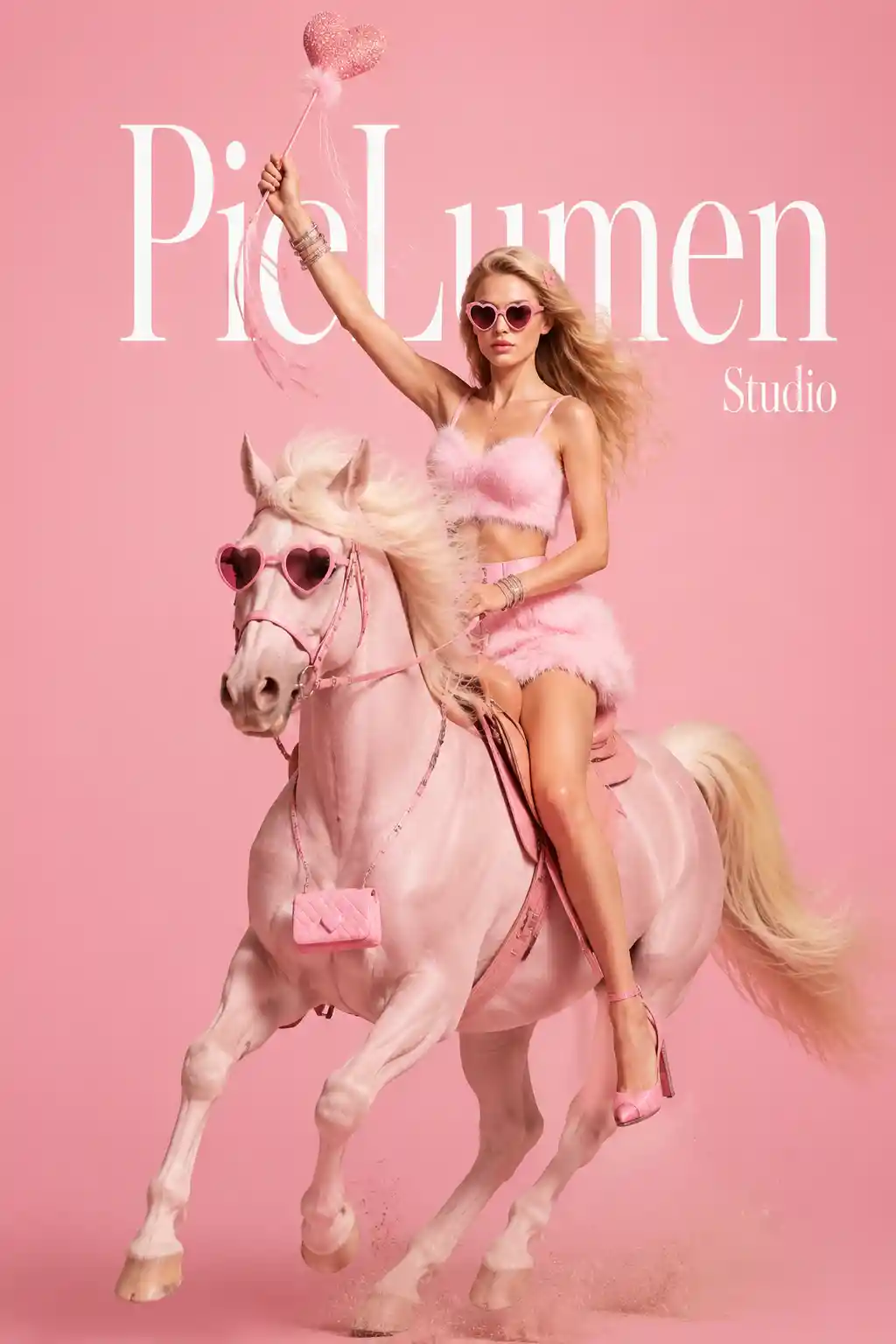 Surreal pink fashion woman riding a pastel horse