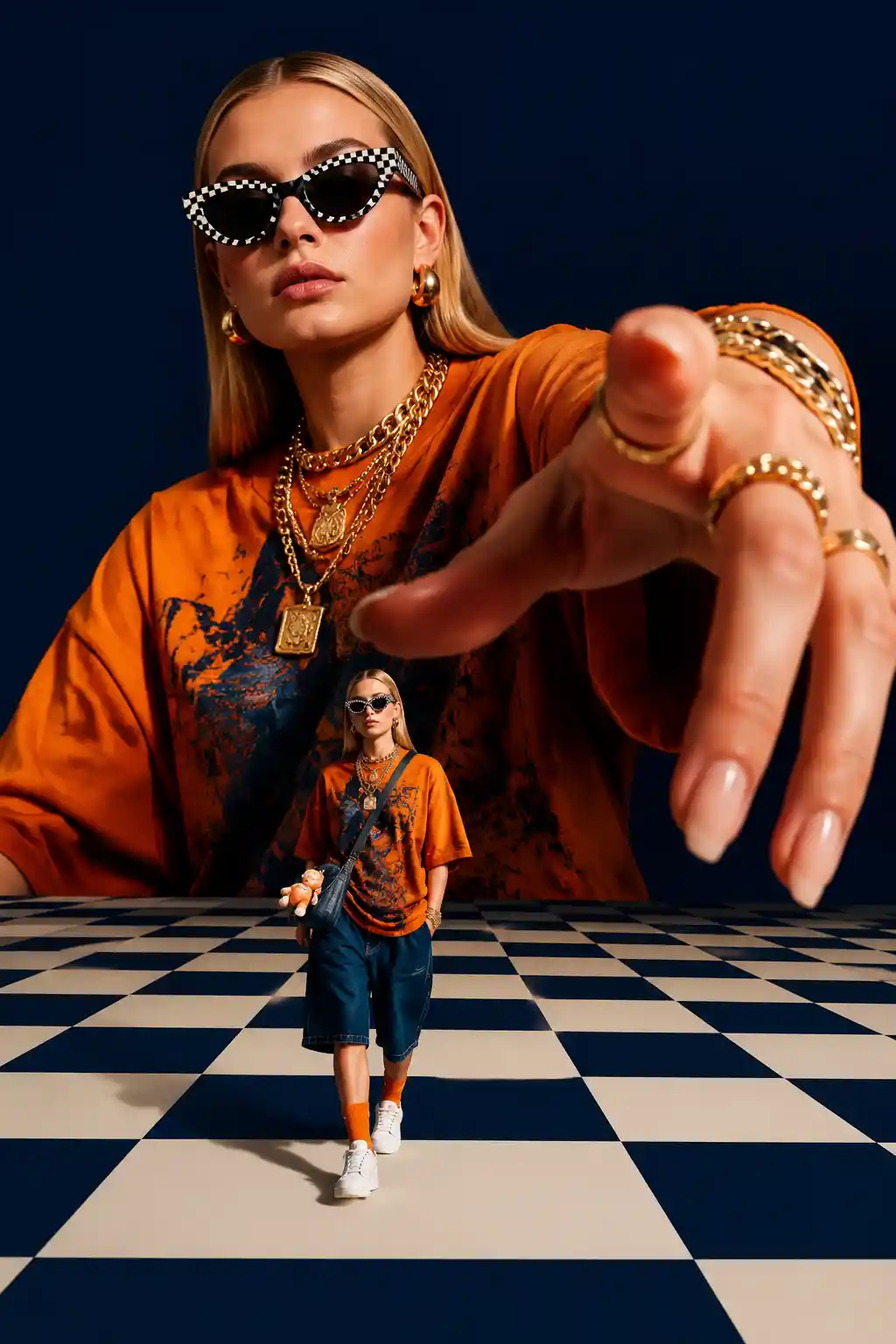 Giant fashion woman reaching forward in surreal studio scene