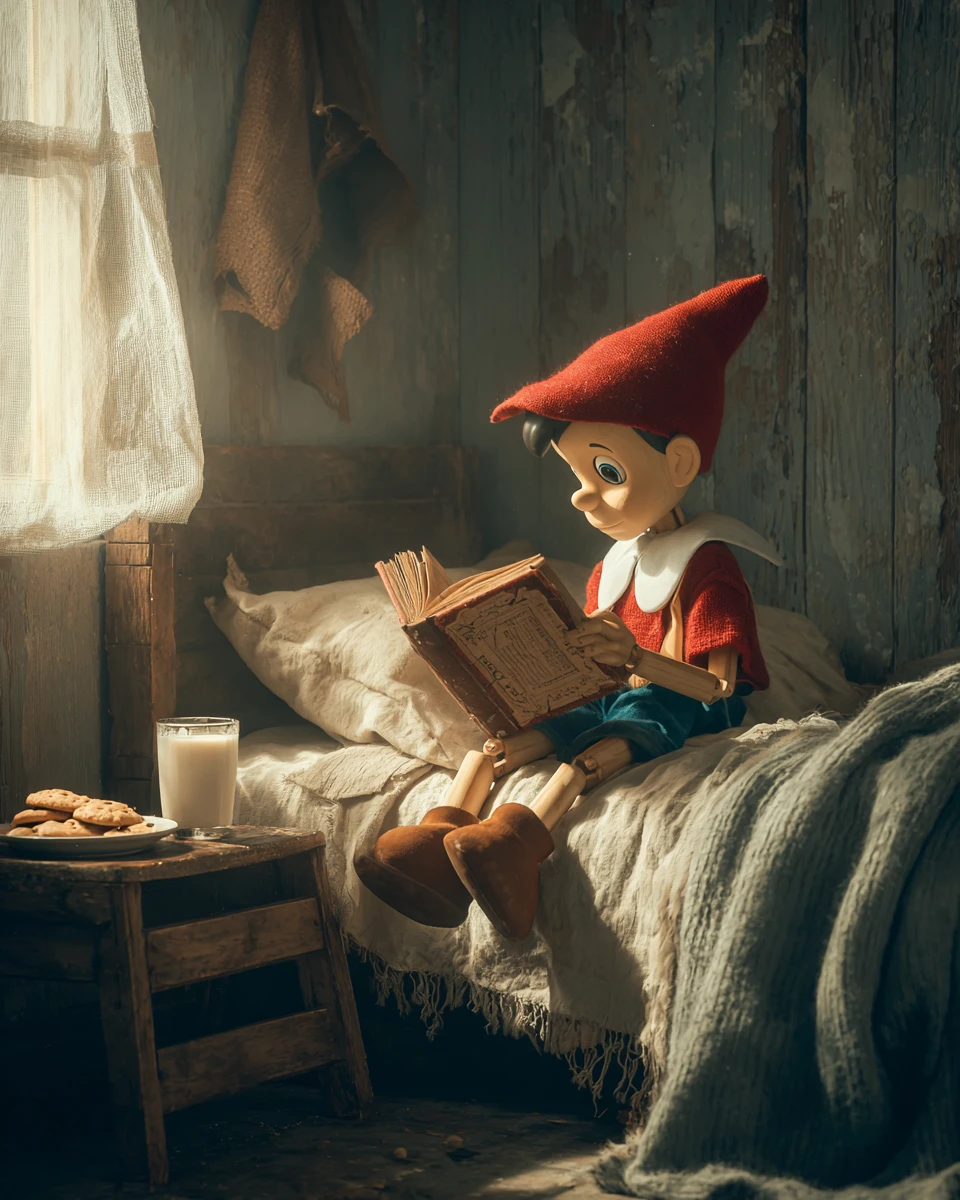 Wooden puppet reading a book in sunlit bedroom