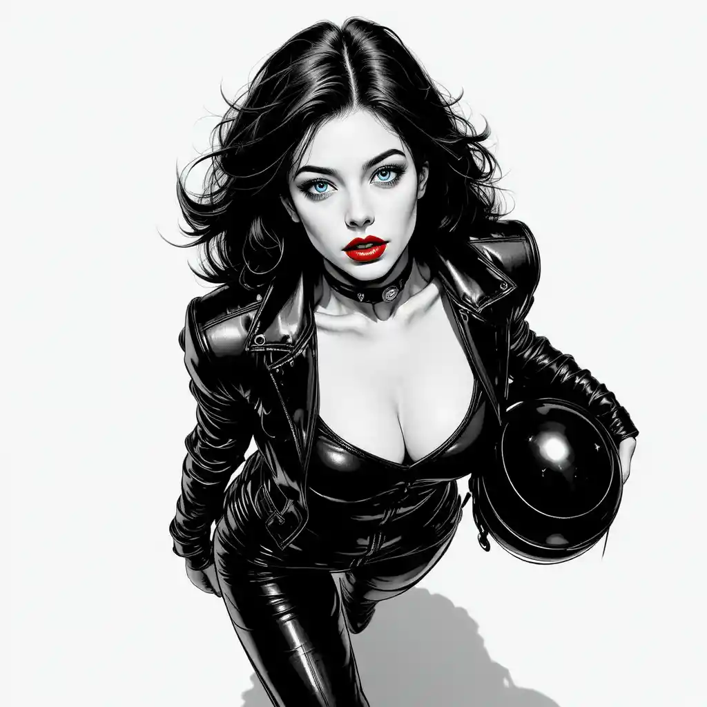 Confident woman in leather outfit seen from above