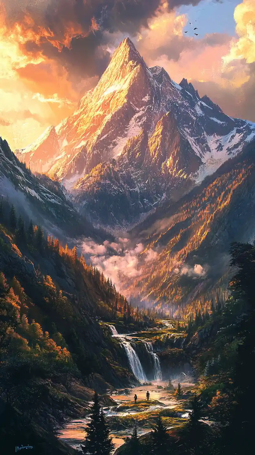 Mountain landscape at sunset forming a subtle human embrace