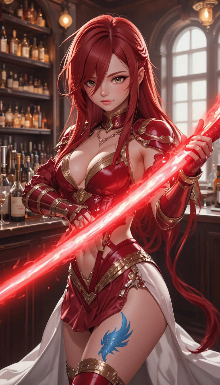 Shy red haired anime warrior woman in a cozy tavern