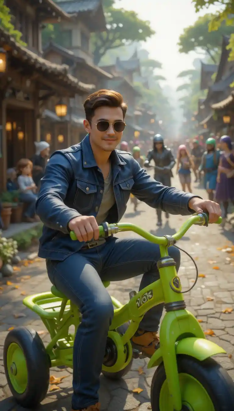 Man On Lime Green Tricycle In Fantasy Kingdom Street