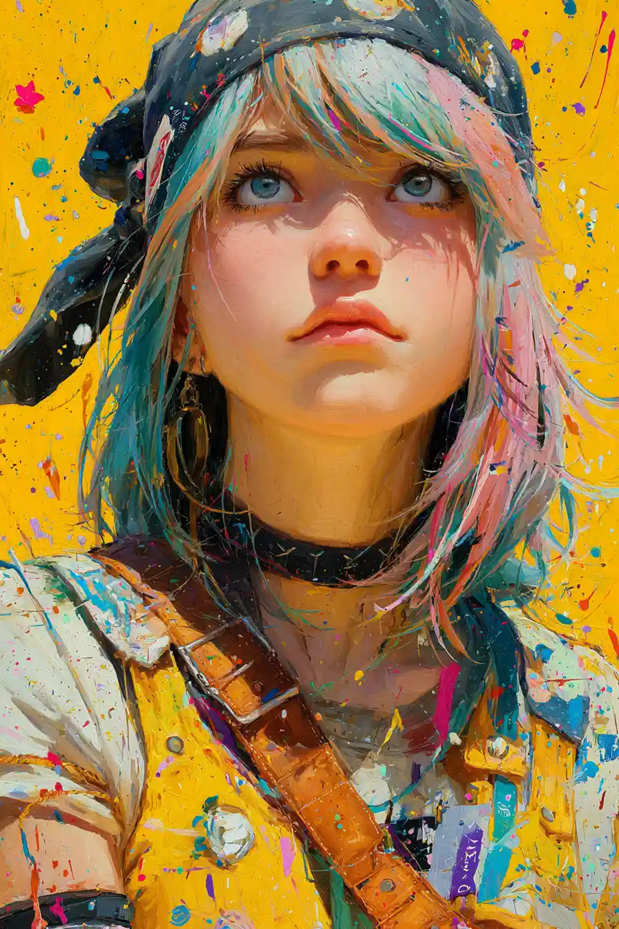 Ethereal summerpunk woman in a radiant urban watercolor scene