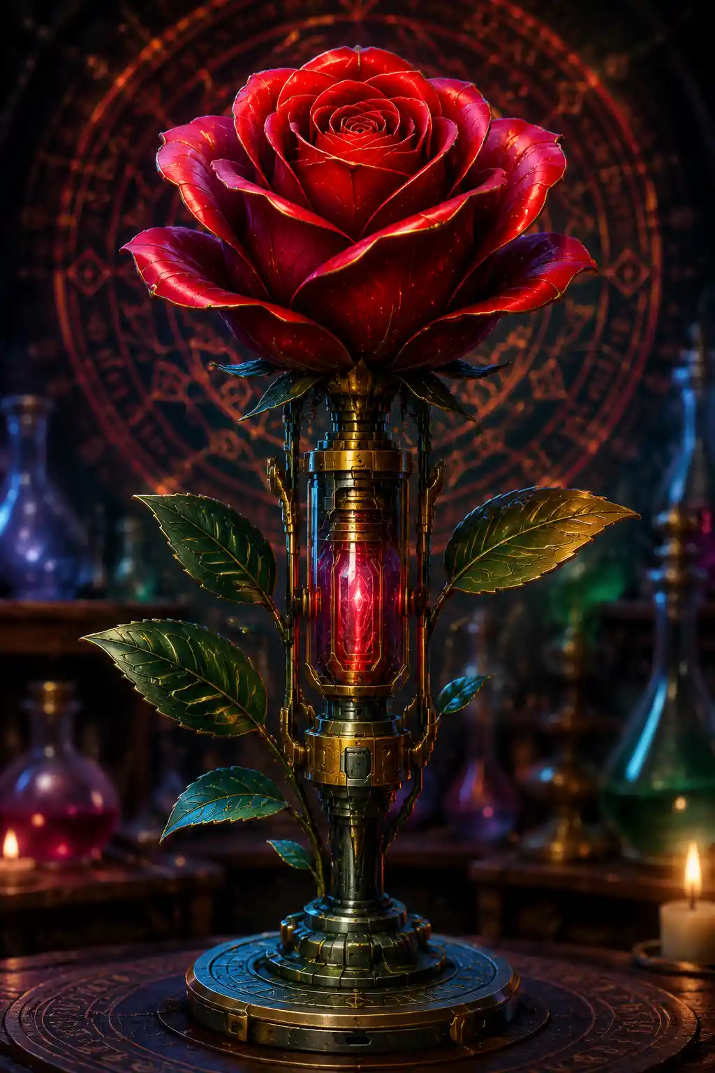 Nahaufnahme einer Sci-Fi-Rose mit mechanischem Reaktorkern