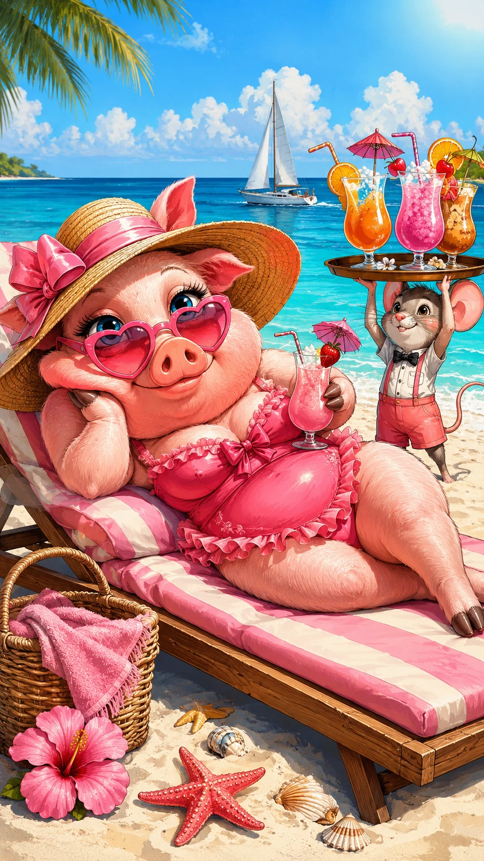 Cochon rose de dessin animé se relaxant sur un transat ensoleillé à la plage