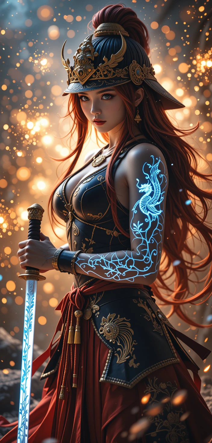 Anime warrior woman drawing her katana in battle stance