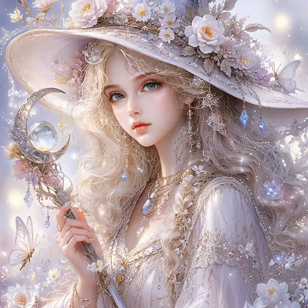 Ethereal white witch with floral hat in soft pearly tones