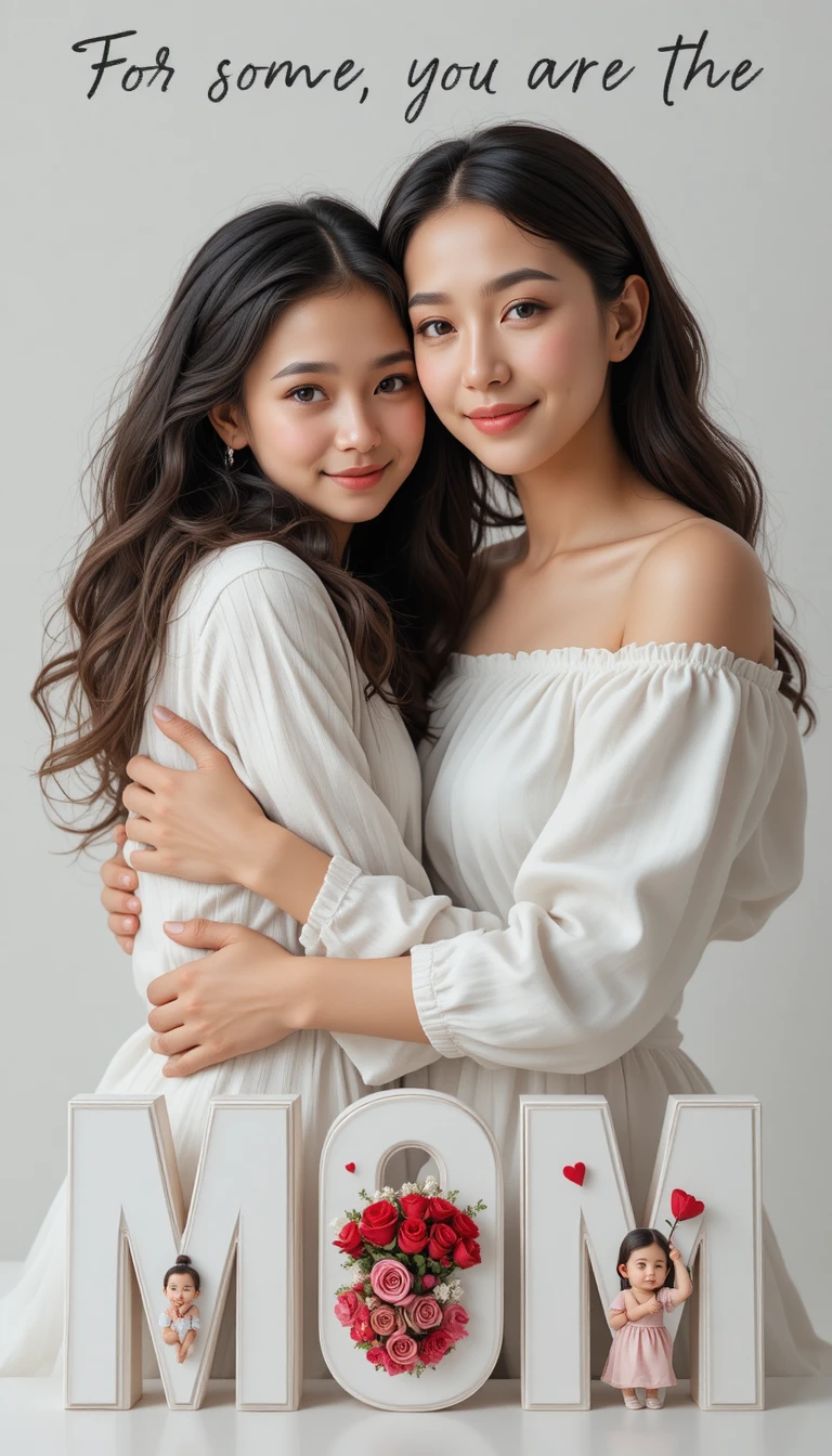 Mother hugging daughter in a soft studio portrait