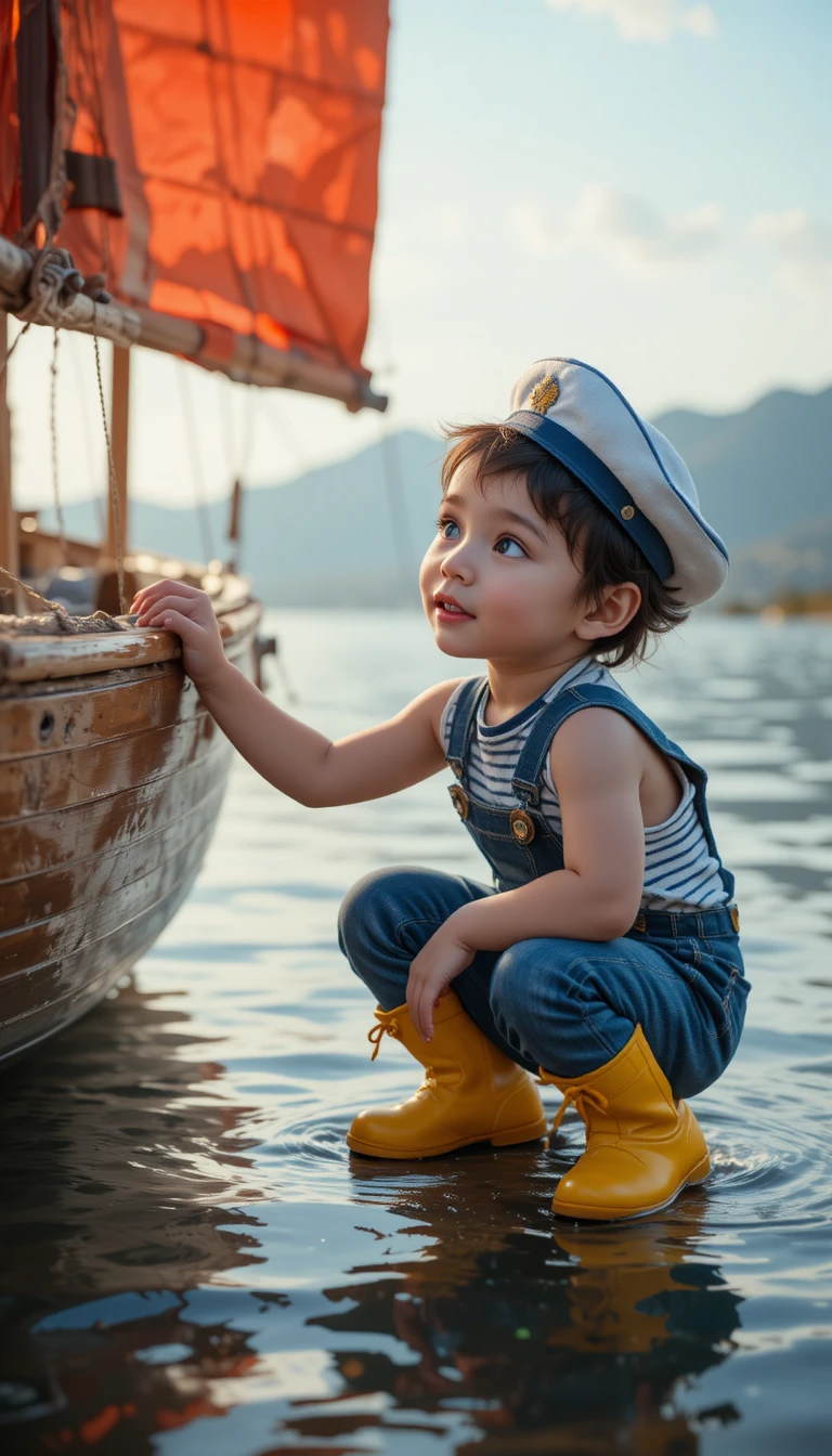 Young boy in sailor outfit playing with wooden sailboat