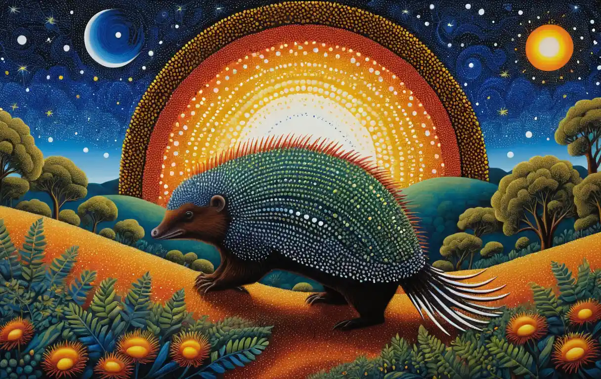 Flying echidna over colorful bushland in aboriginal style sky