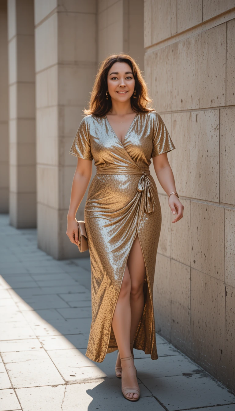 Confident woman in gold wrap dress walking along city sidewalk