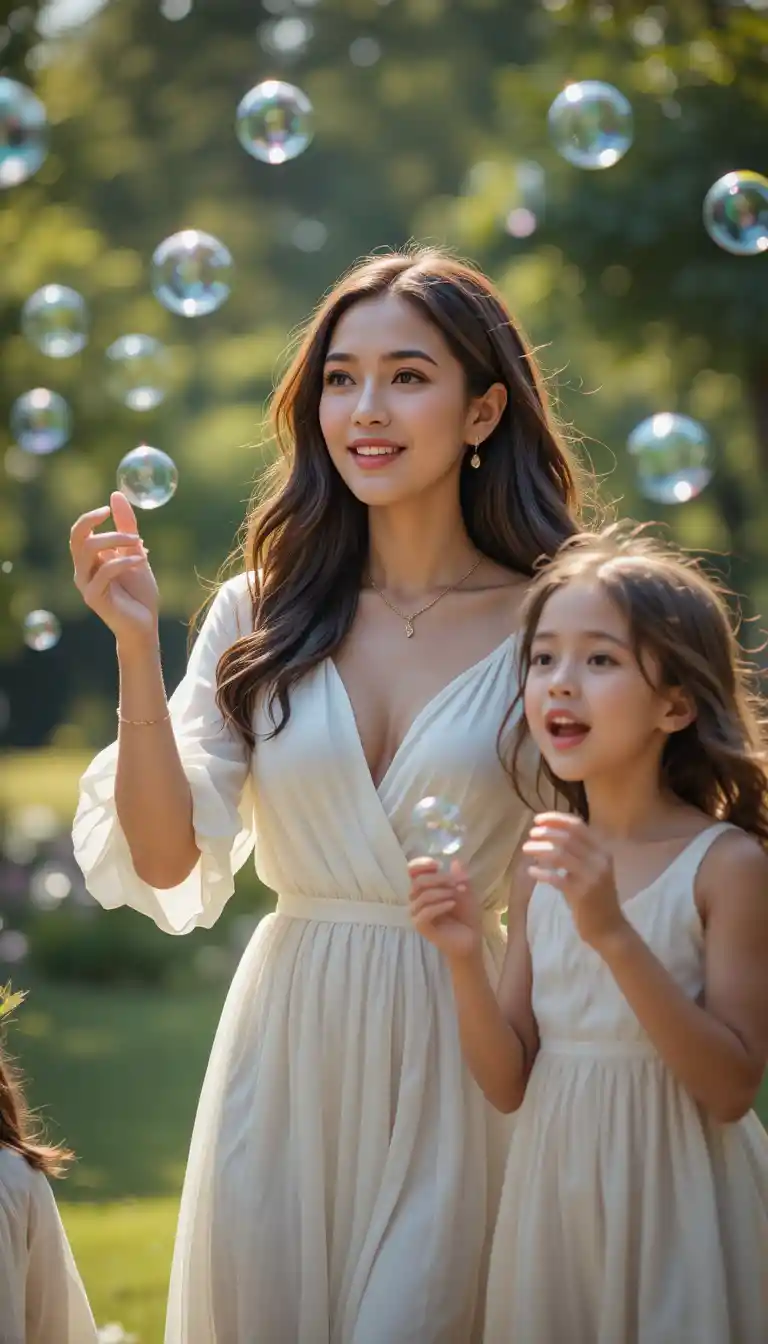 Mother playing with daughters in sunny summer park