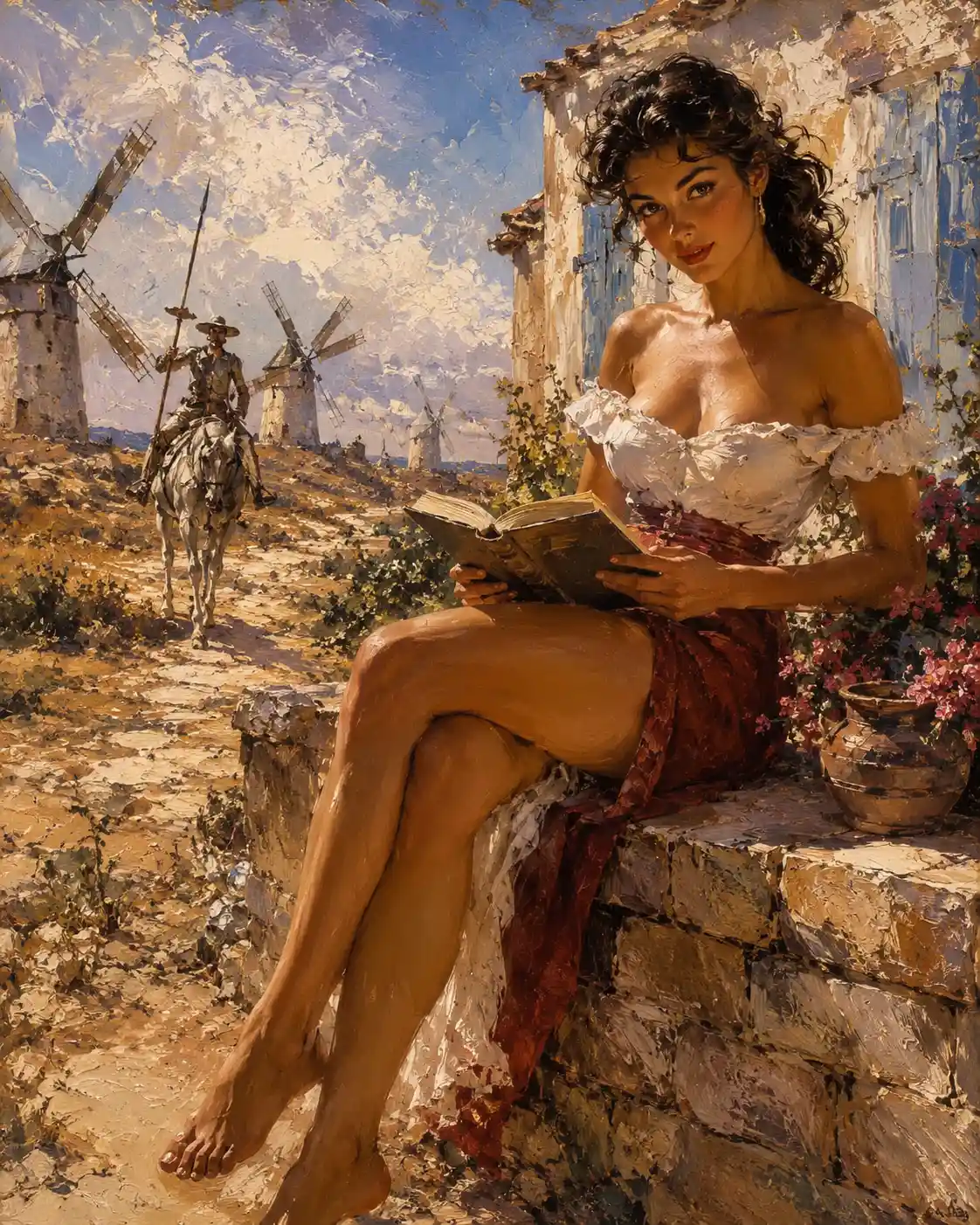 Brunette pin up reading by a sunlit farmhouse wall