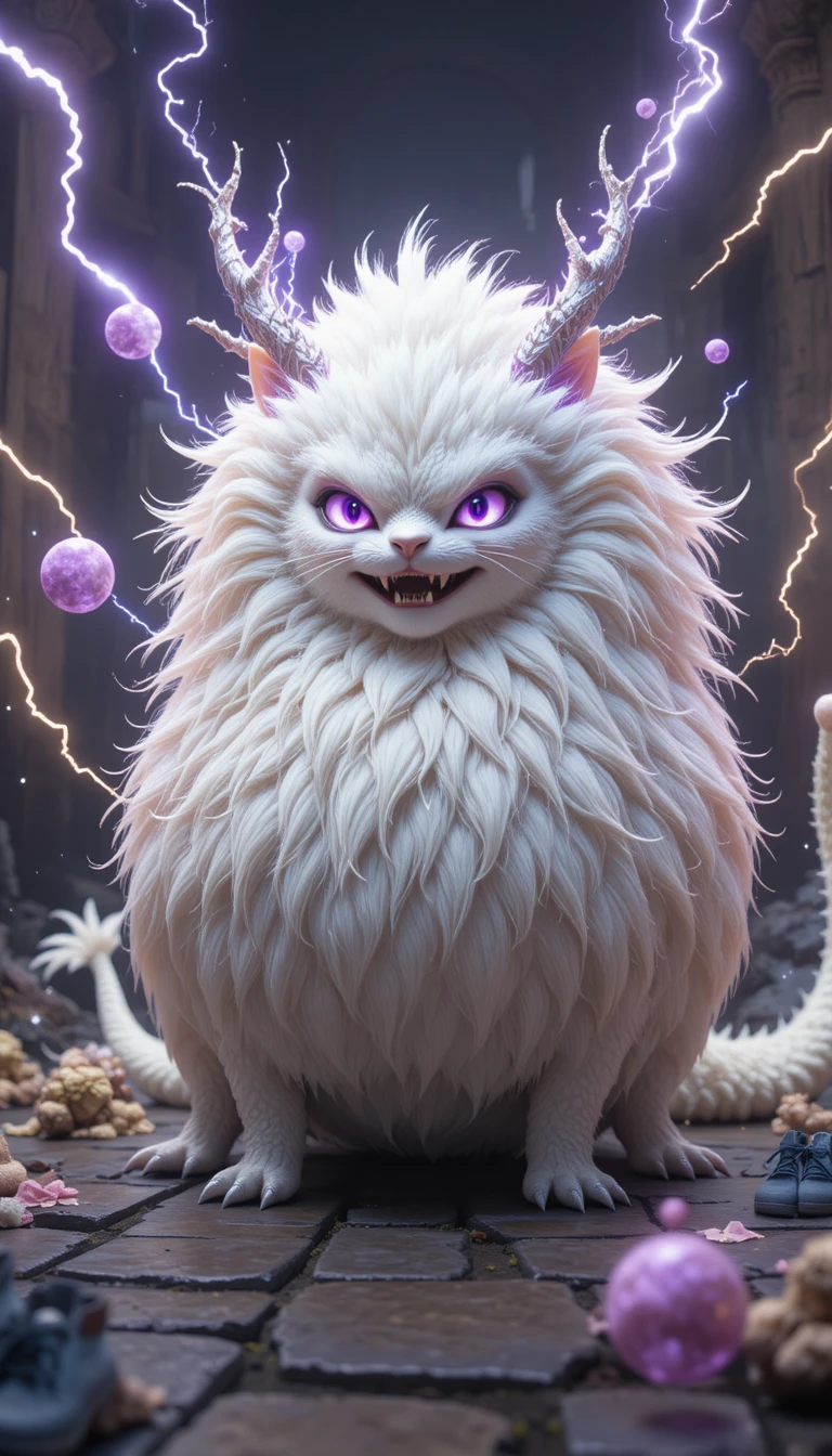 Chibi lightning cat beast on ancient stone floor