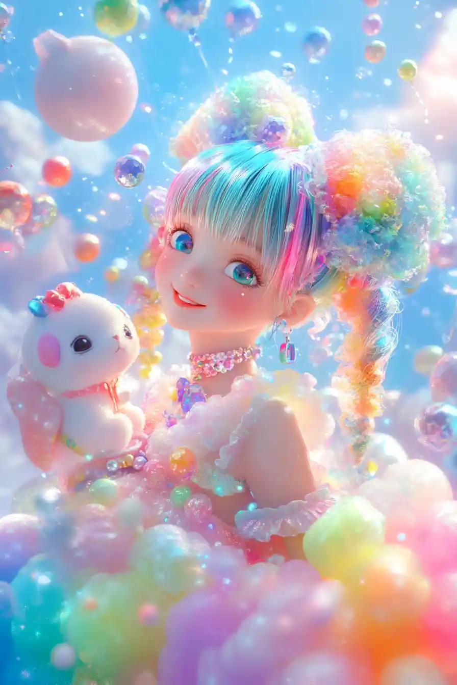 Cute whimsical anime illustration in bright pastel colors
