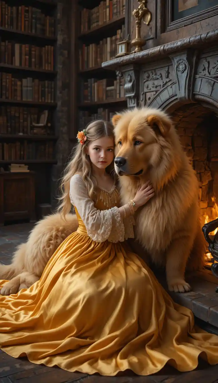 Girl hugging large dog by fireplace in castle library